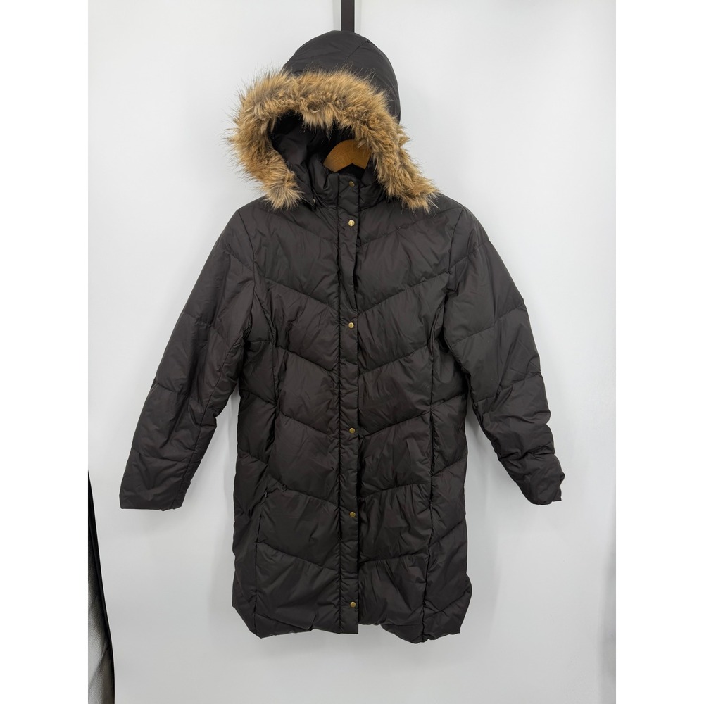 Lands' End Chevron‎ Quilted Down Parka Women Size M brown Faux Fur Hood 236649